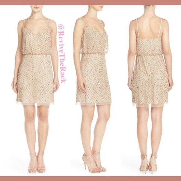 NEW Adrianna‎ Papell Sequin Mesh Blouson Dress in Champagne Gold [SZ 12 ] - Picture 3 of 9